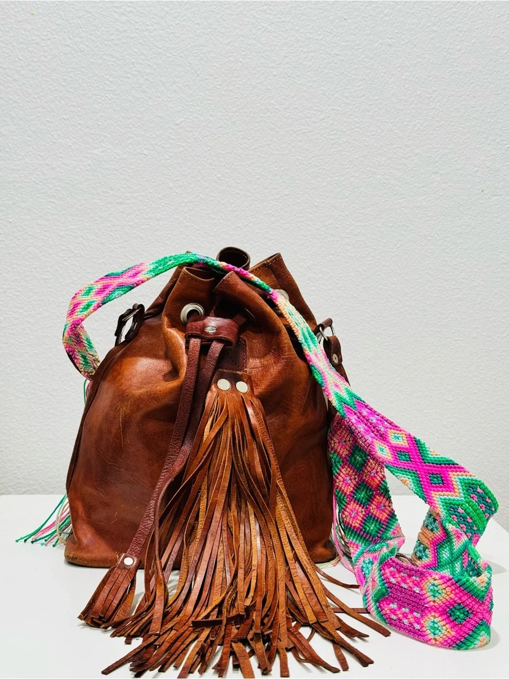 Vintage dark brown bohemian hippie leather bucket with macrame braided strap